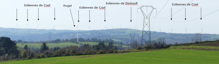 Image d’insertion : vue de Coatiskoul Vihan  L'éolienne s'intégrera simplement dans un paysage où d'autres éoliennes sont déjà visibles en vue lointaine